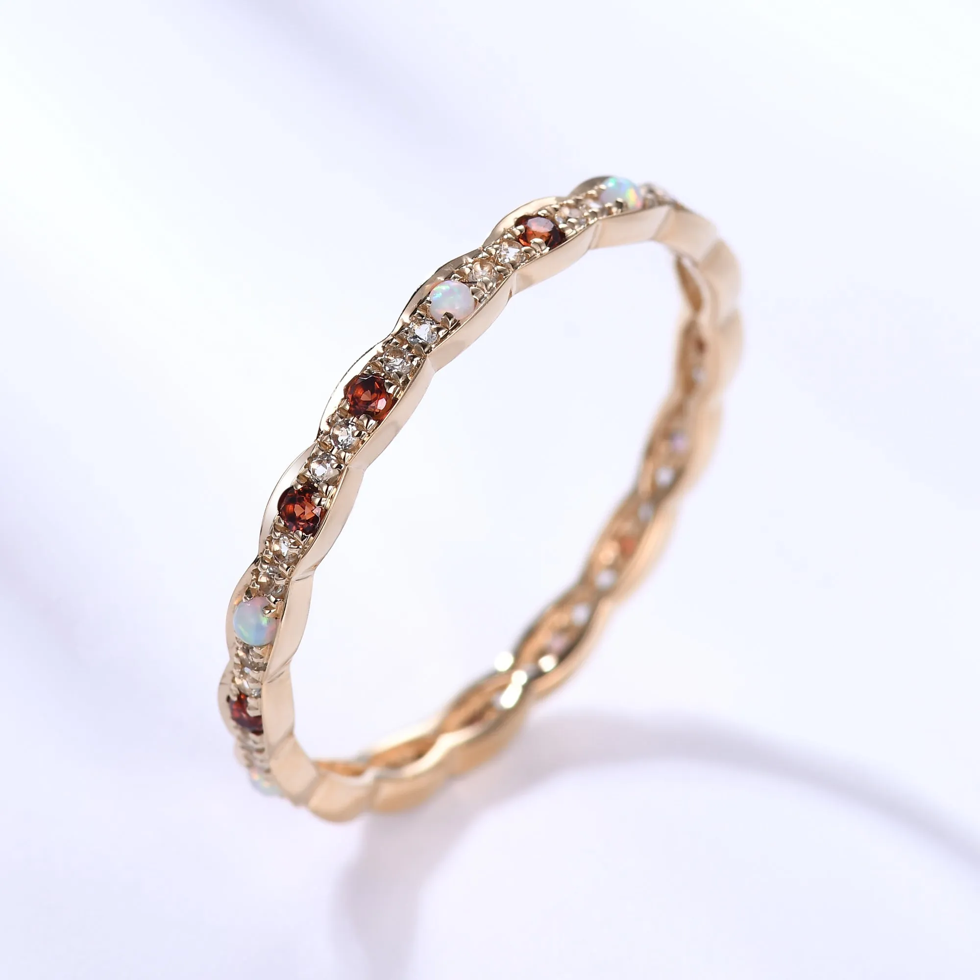 Opal Garnet Aquamarine 14k Yellow Gold Wedding Band Birthstone Full Eternity Ring