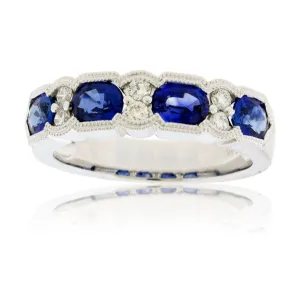 Oval-Cut Blue Sapphire & Diamond Accented Milgrain Style Band