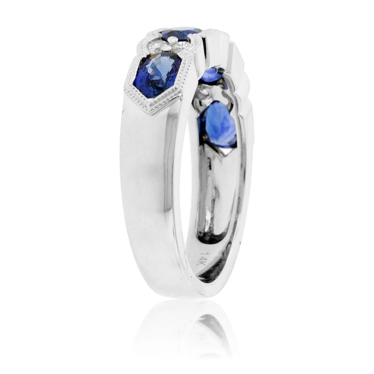 Oval-Cut Blue Sapphire & Diamond Accented Milgrain Style Band