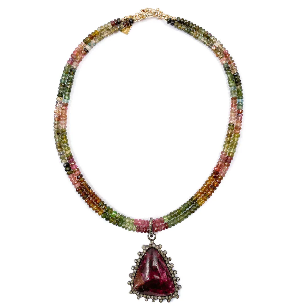 Pavé Diamond Eudialyte Pendant on Watermelon Tourmaline Necklace