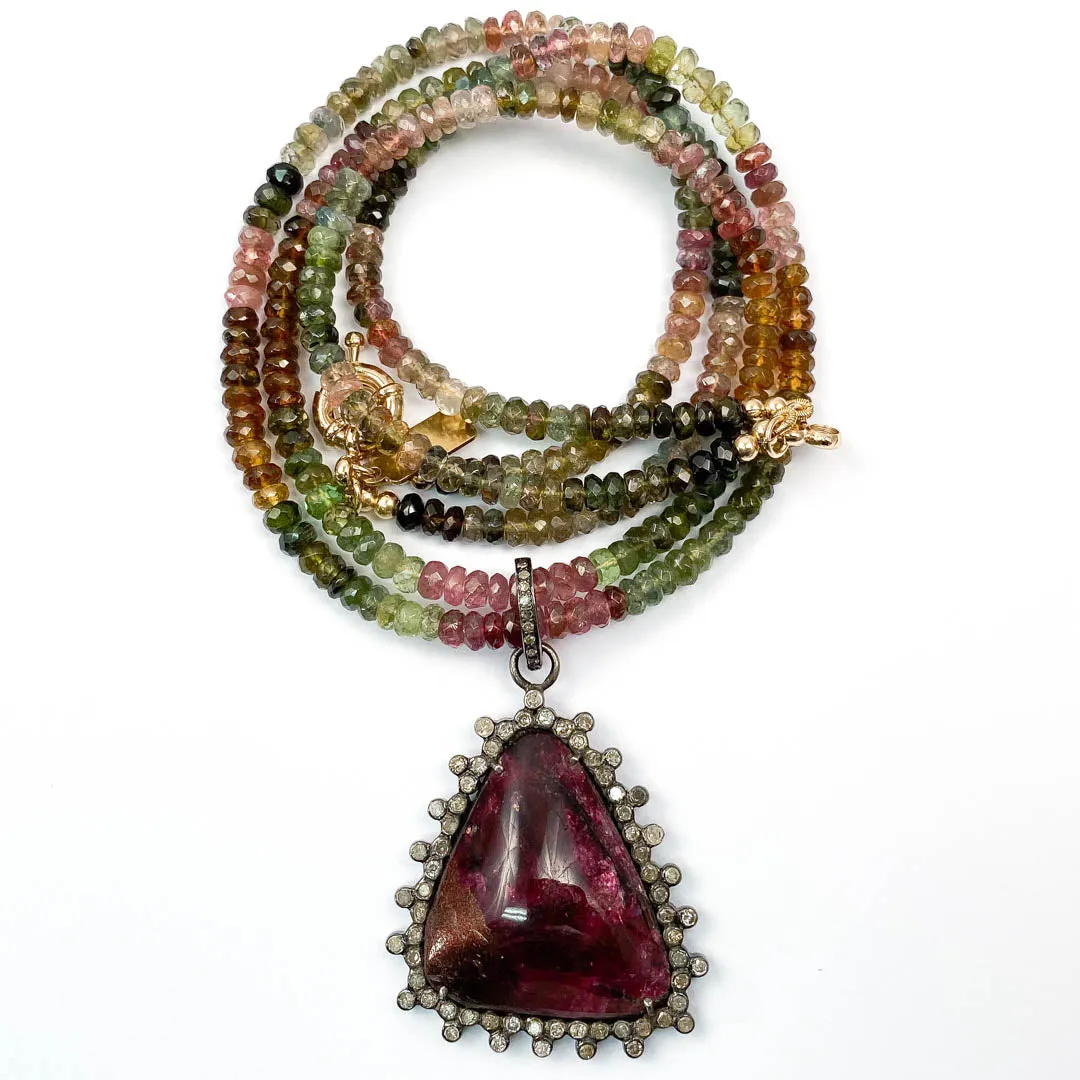 Pavé Diamond Eudialyte Pendant on Watermelon Tourmaline Necklace