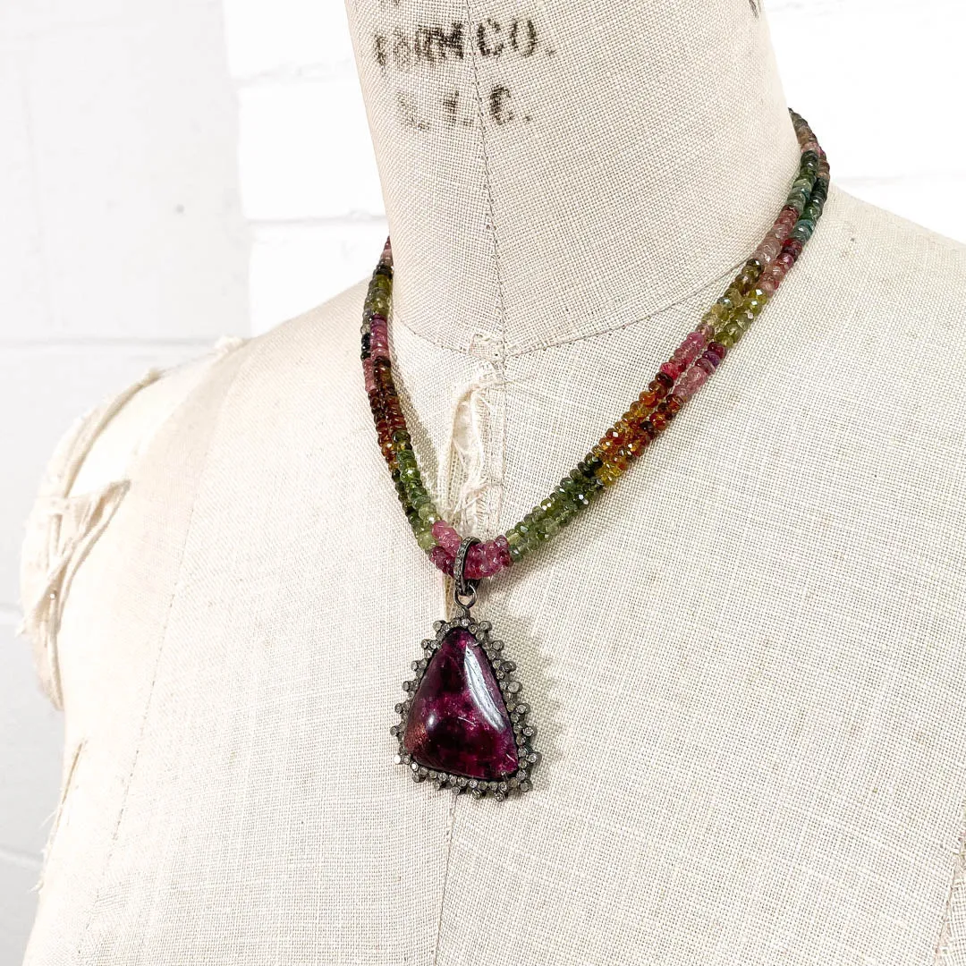 Pavé Diamond Eudialyte Pendant on Watermelon Tourmaline Necklace