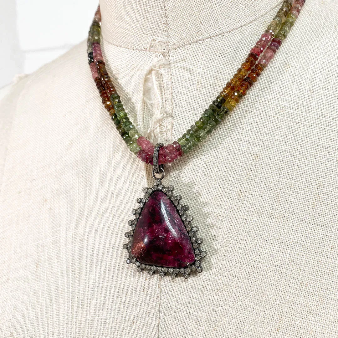 Pavé Diamond Eudialyte Pendant on Watermelon Tourmaline Necklace