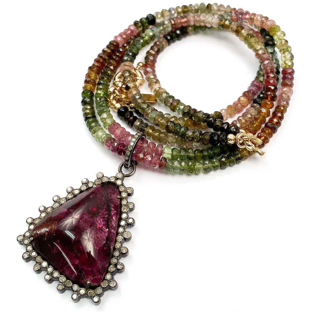 Pavé Diamond Eudialyte Pendant on Watermelon Tourmaline Necklace