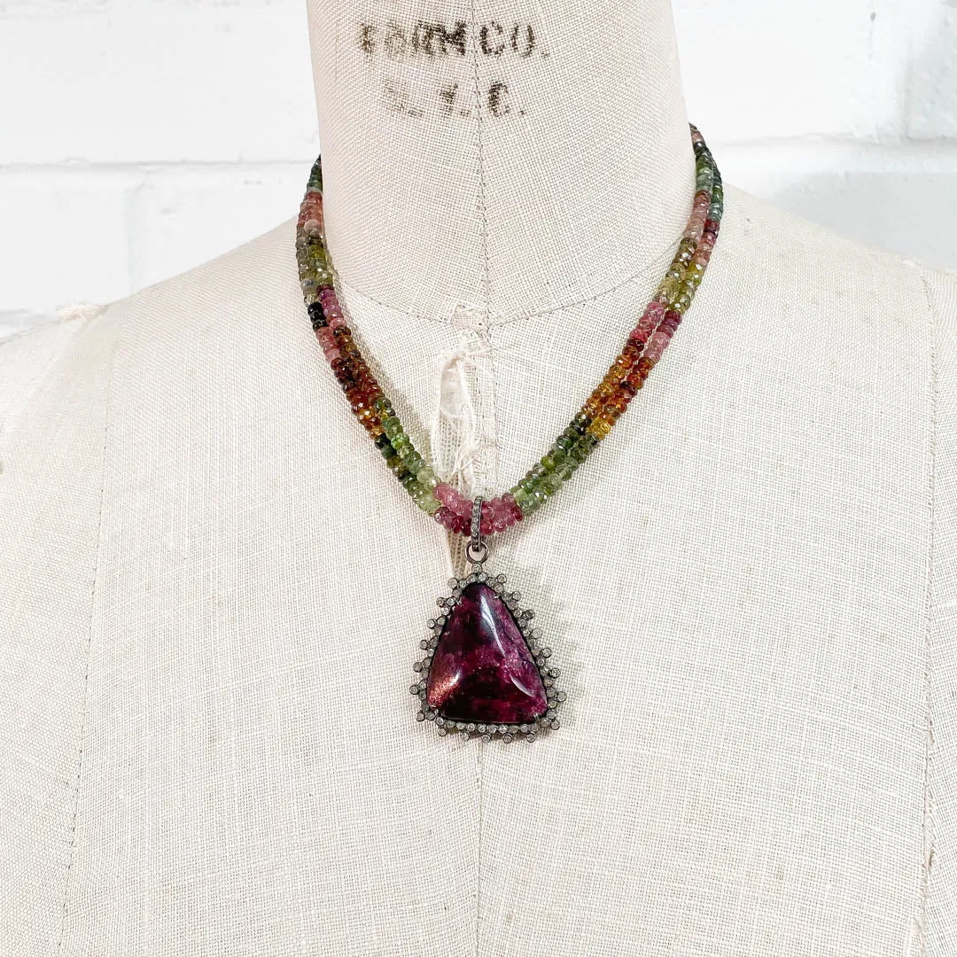 Pavé Diamond Eudialyte Pendant on Watermelon Tourmaline Necklace