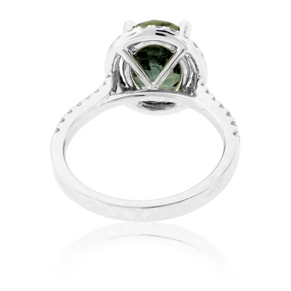 Peacock Blue-Green Sapphire & Diamond Halo Ring