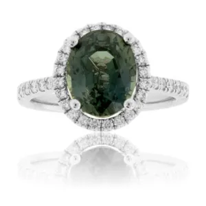 Peacock Blue-Green Sapphire & Diamond Halo Ring