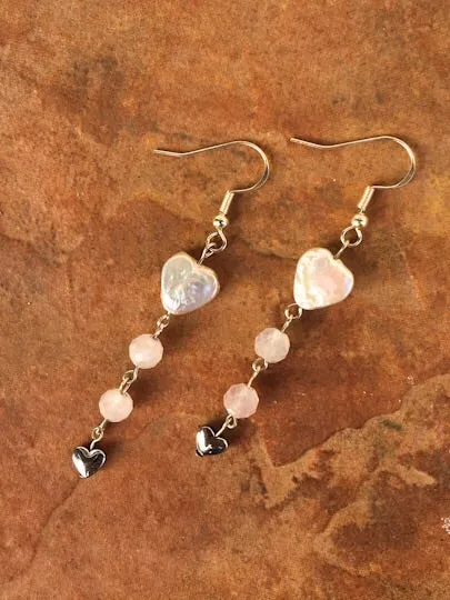 Pearl, Rose Quartz, Hematite Gemstone and Sterling Silver drop earrings