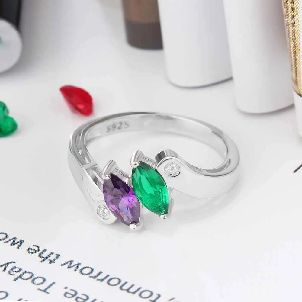 Personalized Birthstone Custom Engrave 2 Names Promise Rings For Women 925 Sterling Silver Anniversary Gift
