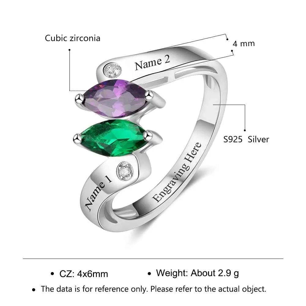 Personalized Birthstone Custom Engrave 2 Names Promise Rings For Women 925 Sterling Silver Anniversary Gift