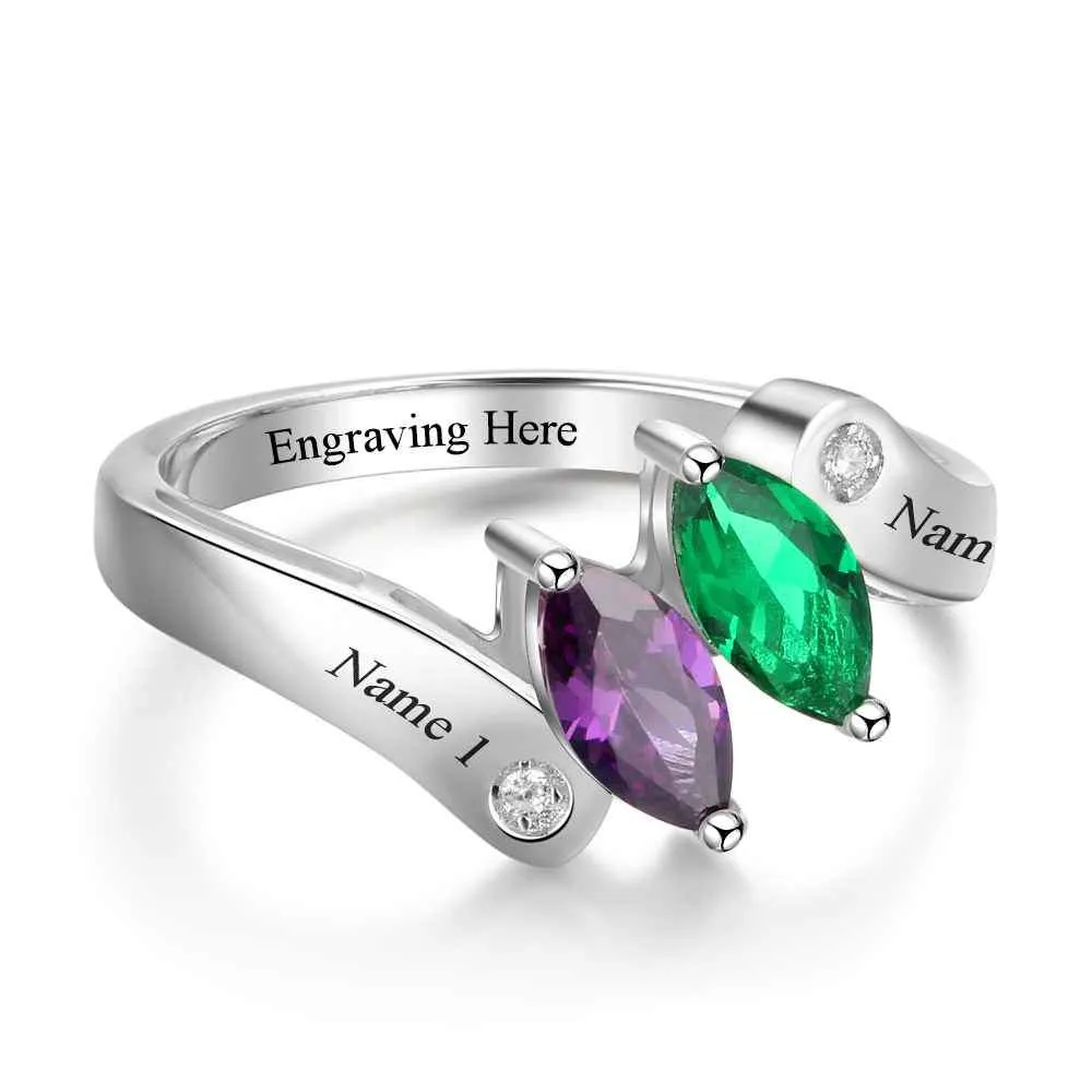 Personalized Birthstone Custom Engrave 2 Names Promise Rings For Women 925 Sterling Silver Anniversary Gift