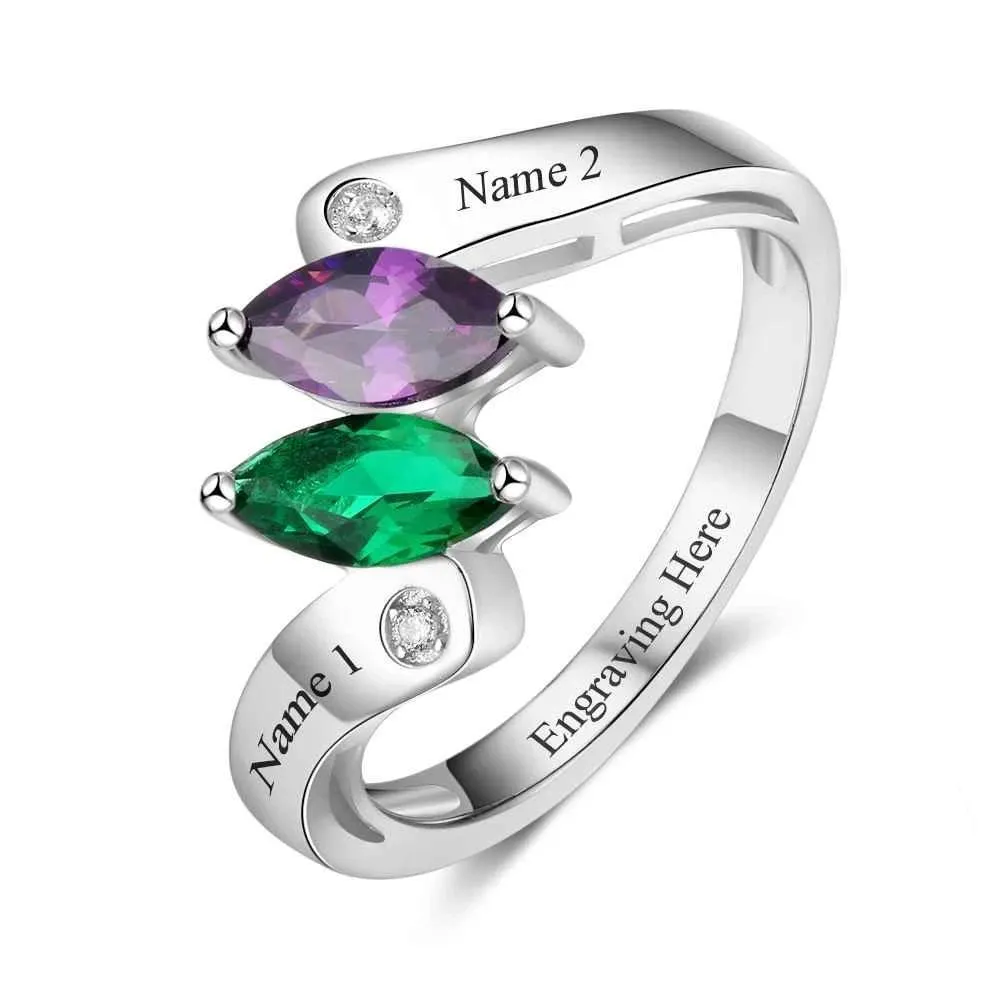 Personalized Birthstone Custom Engrave 2 Names Promise Rings For Women 925 Sterling Silver Anniversary Gift