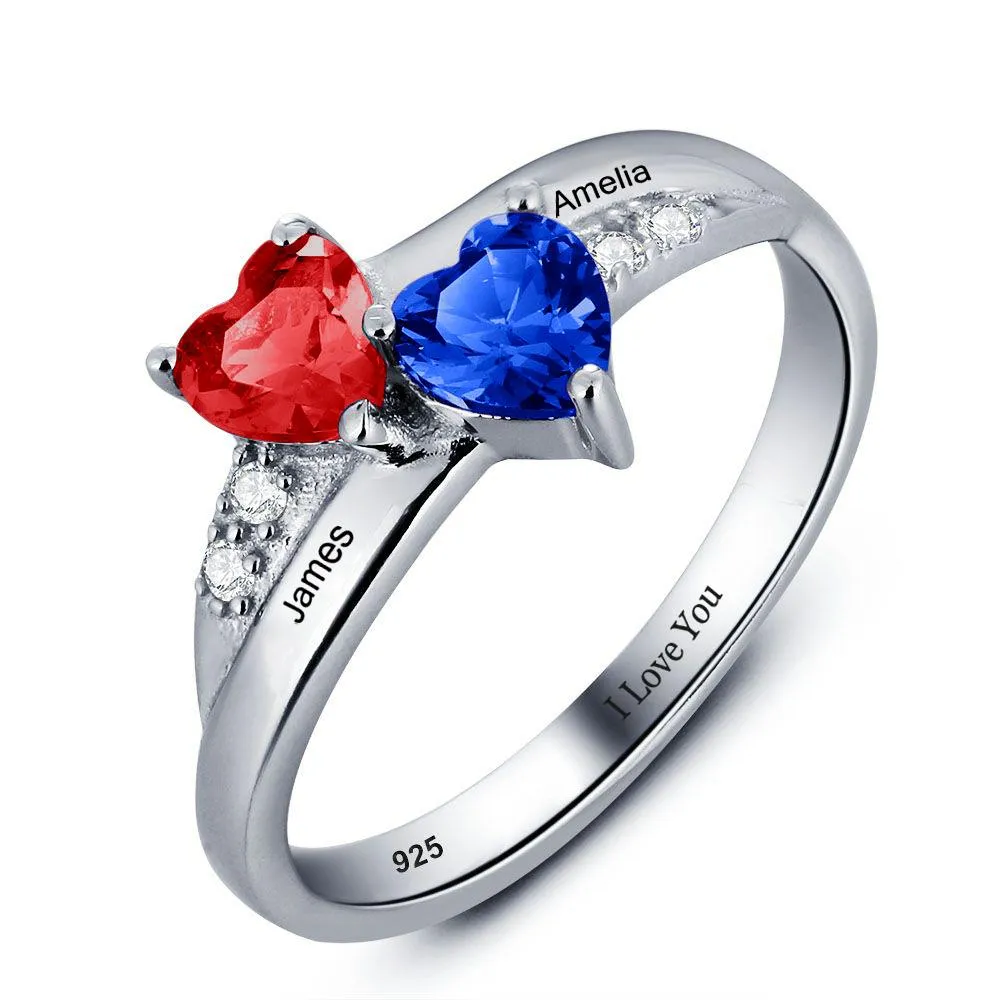 Personalized Sterling Silver name engraved ring with 2 birthstone custom jewelry for her mothers ring