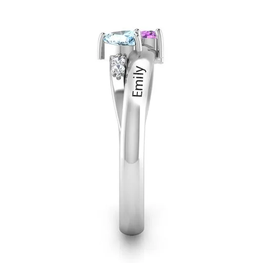 Personalized Sterling Silver name engraved ring with 2 birthstone custom jewelry for her mothers ring