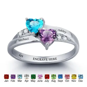 Personalized Sterling Silver name engraved ring with 2 birthstone custom jewelry for her mothers ring