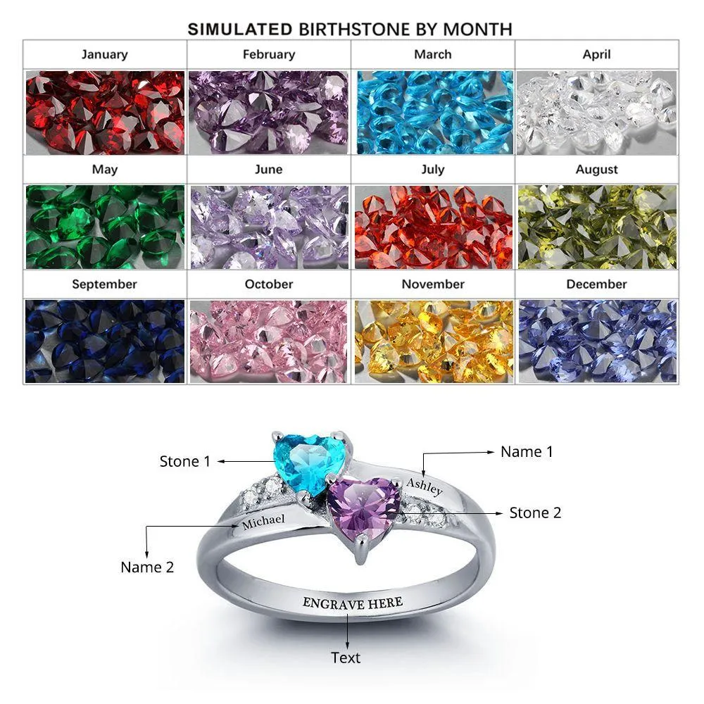 Personalized Sterling Silver name engraved ring with 2 birthstone custom jewelry for her mothers ring