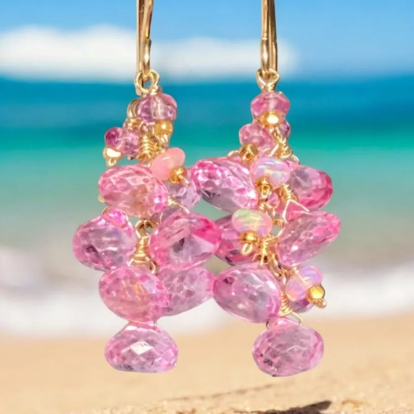 Pink Mystic Topaz Cluster Tassel Earrings Gold Fill or Rose Gold