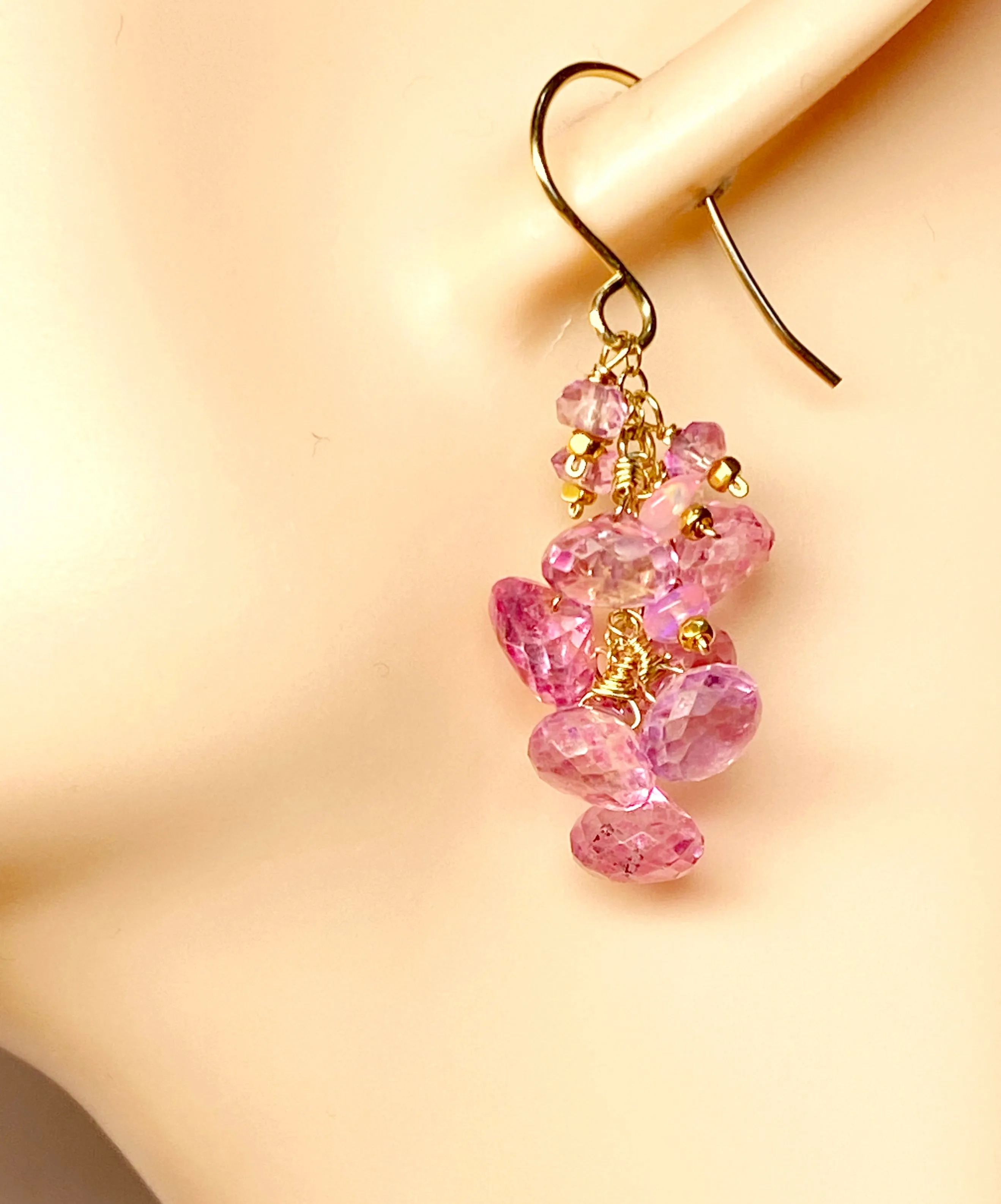 Pink Mystic Topaz Cluster Tassel Earrings Gold Fill or Rose Gold