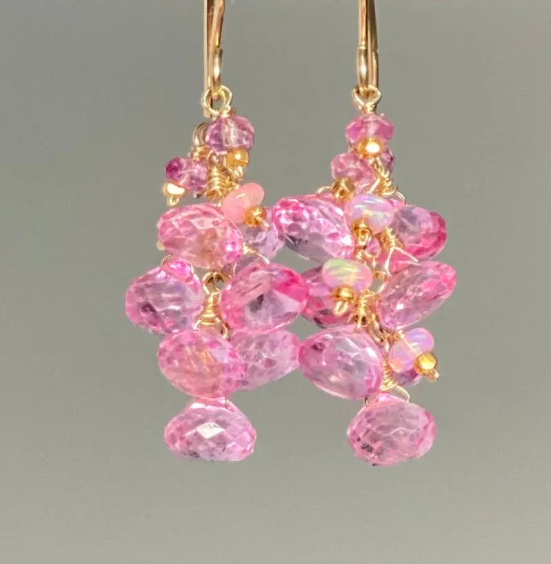 Pink Mystic Topaz Cluster Tassel Earrings Gold Fill or Rose Gold