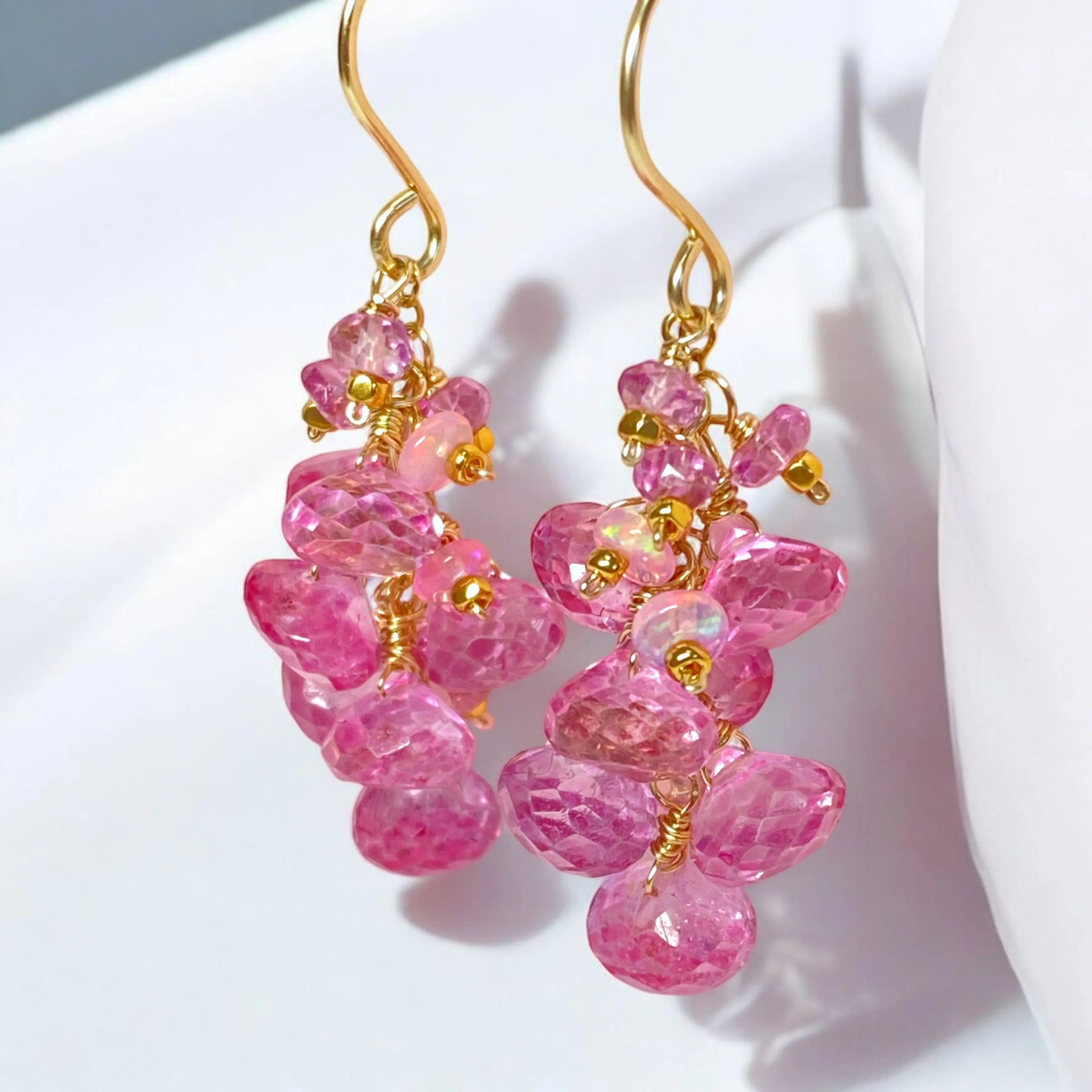 Pink Mystic Topaz Cluster Tassel Earrings Gold Fill or Rose Gold
