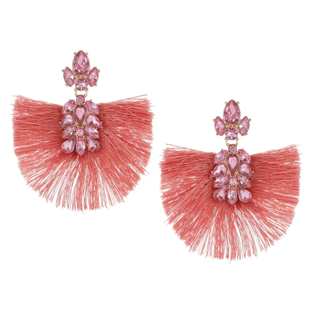Pink Stone and Fabric Fun Fashion Tassel Earrings on Rose Gold | EY9446RGPK