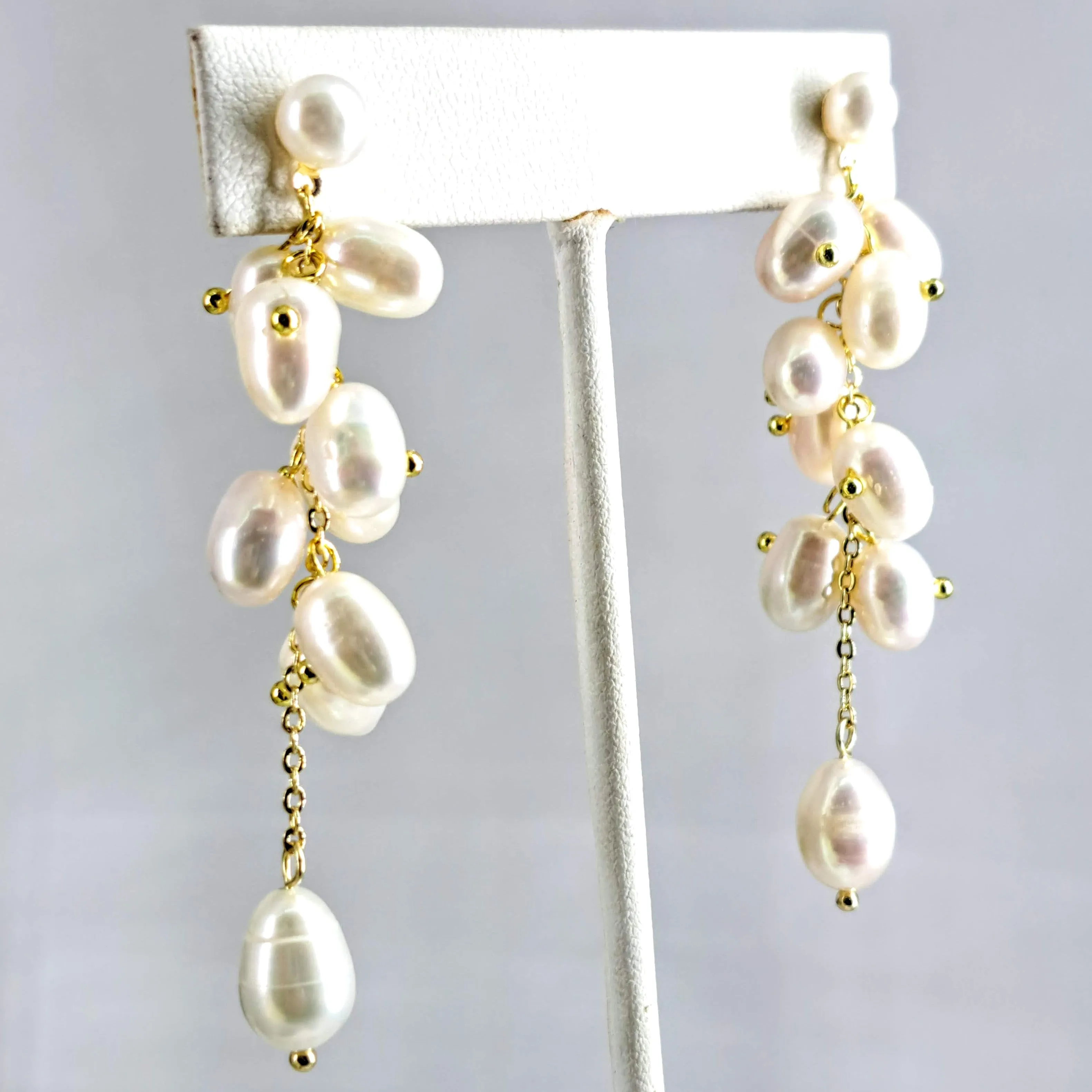 "Cluster-Fab" 2.75" Earrings - Pearls, Gold Sterling