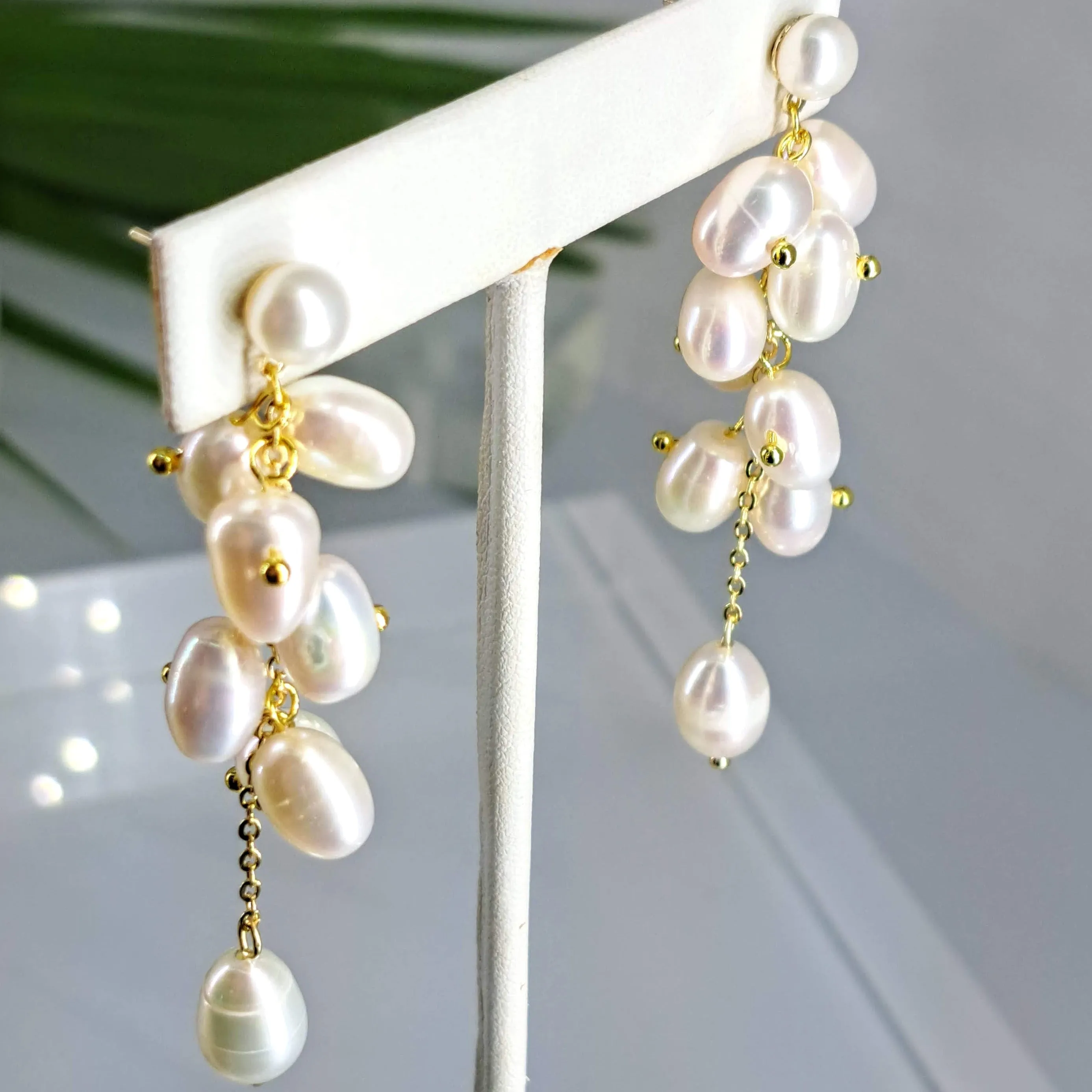 "Cluster-Fab" 2.75" Earrings - Pearls, Gold Sterling