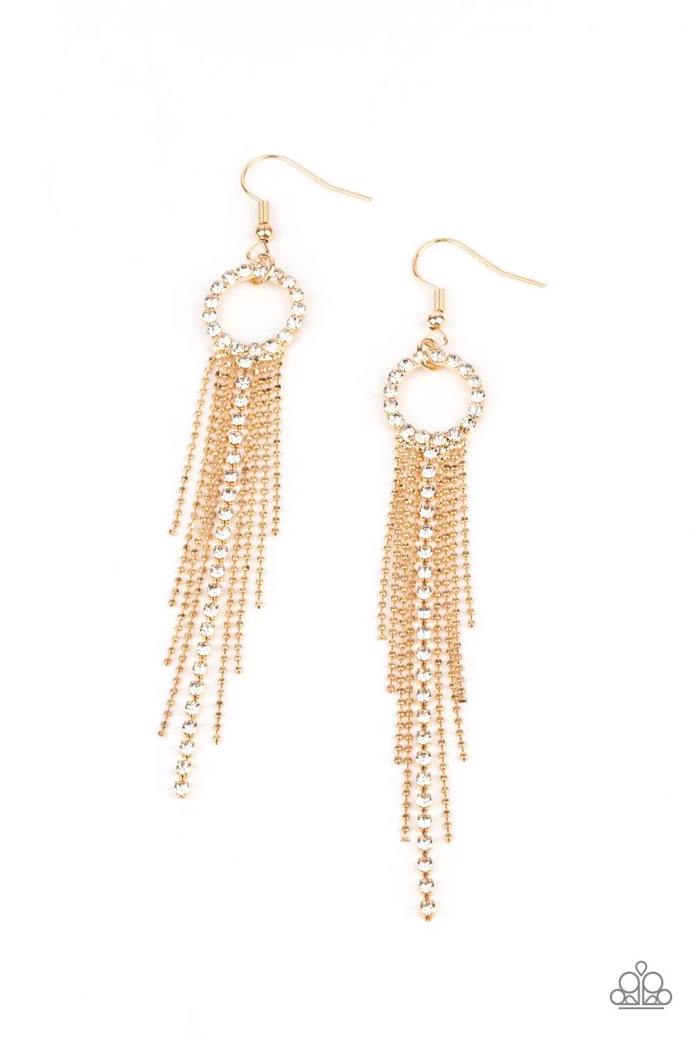 "Pass The Glitter" Gold Metal & White Rhinestone Circle Tassel Earrings