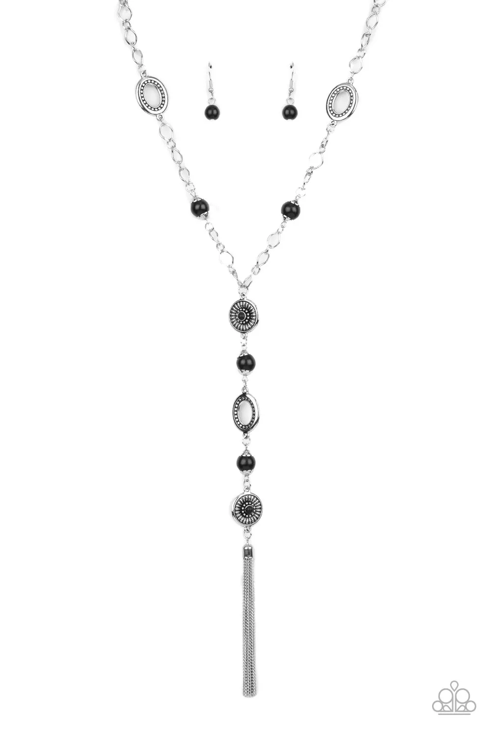 "The Natural Order" Silver Metal & Black Rhinestone Long Y Style Necklace Set