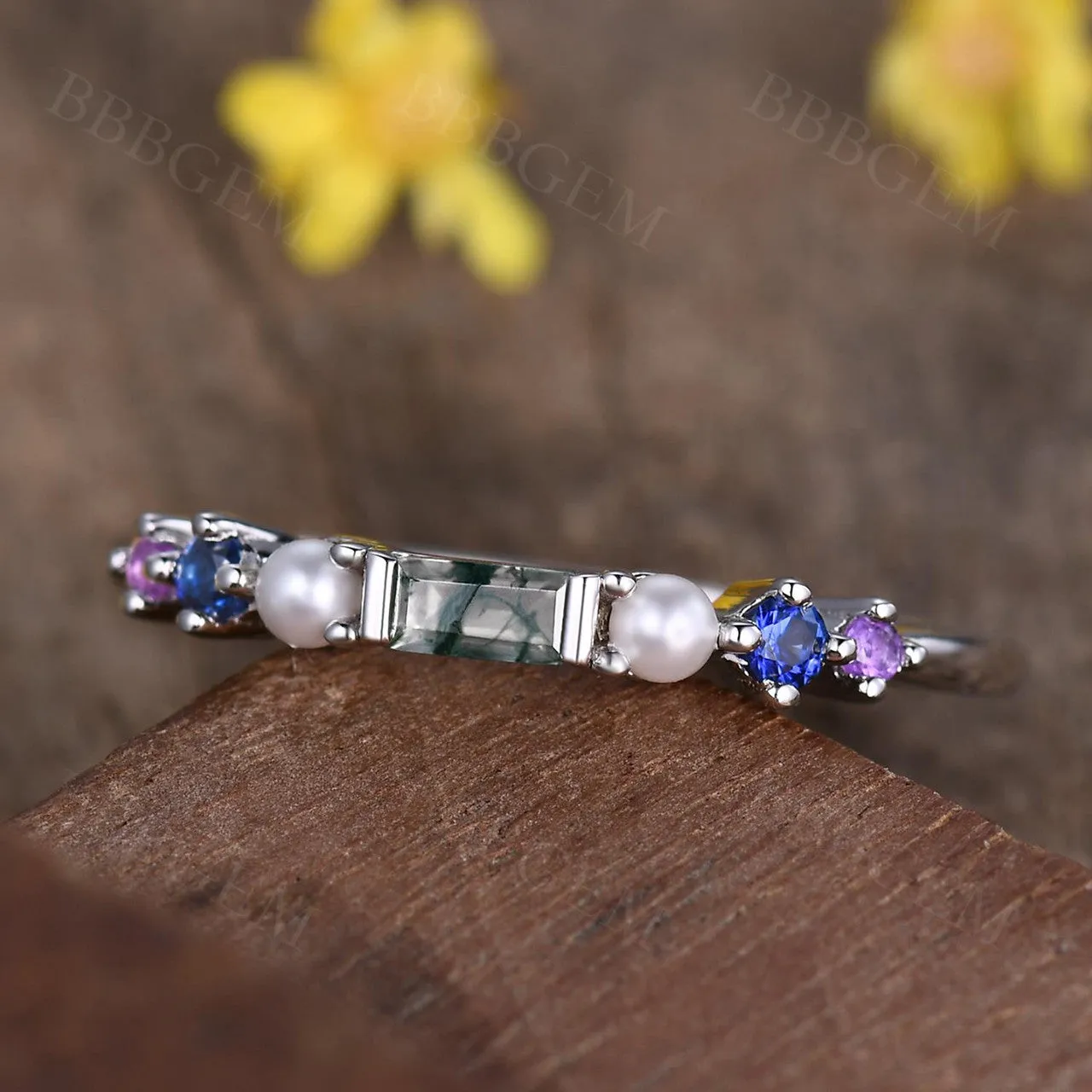 Rainbow Gemstone Family Ring Band Green Moss Agate and Pearl Multi-Color Birthstone Band