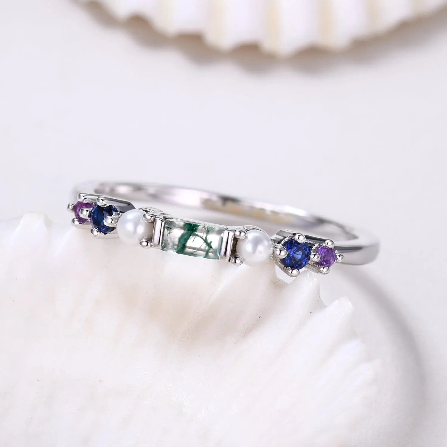 Rainbow Gemstone Family Ring Band Green Moss Agate and Pearl Multi-Color Birthstone Band