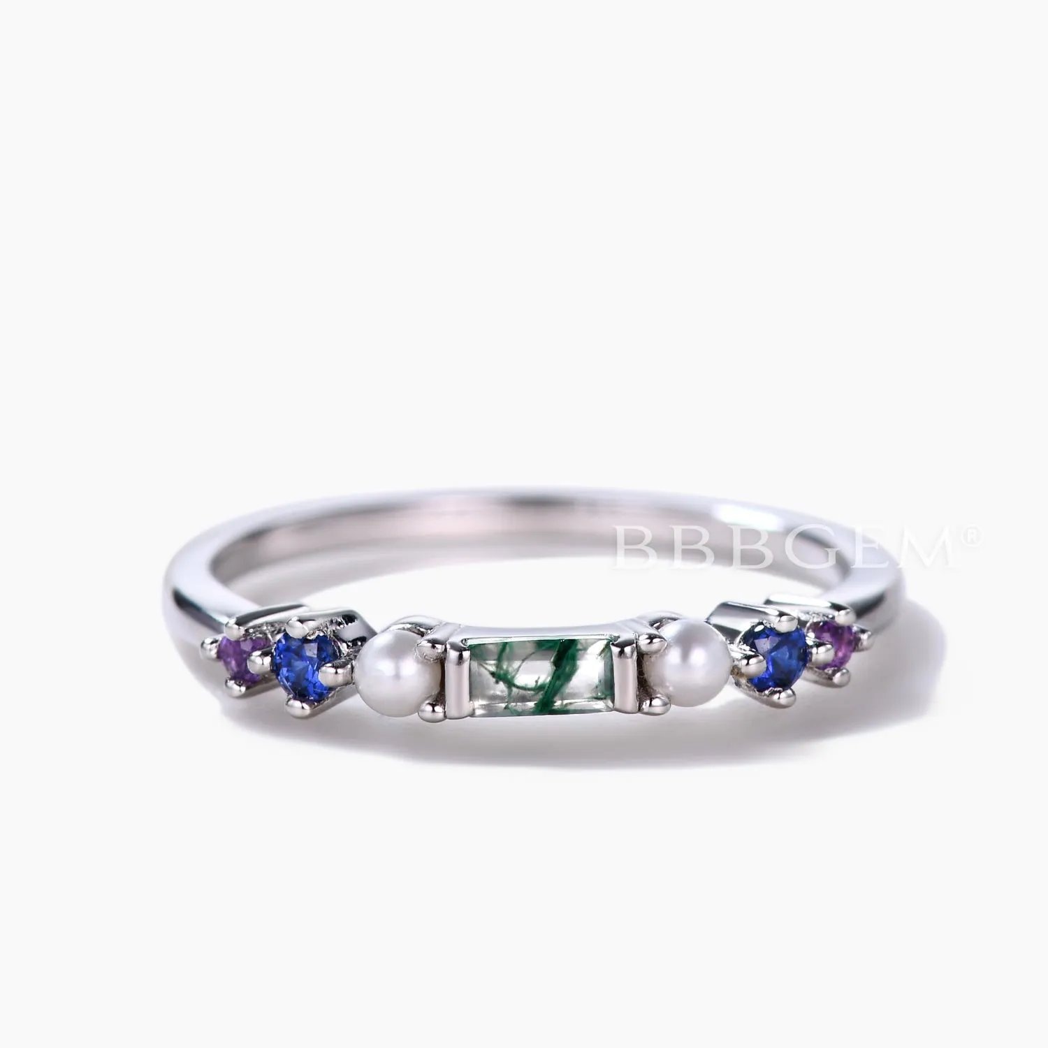 Rainbow Gemstone Family Ring Band Green Moss Agate and Pearl Multi-Color Birthstone Band