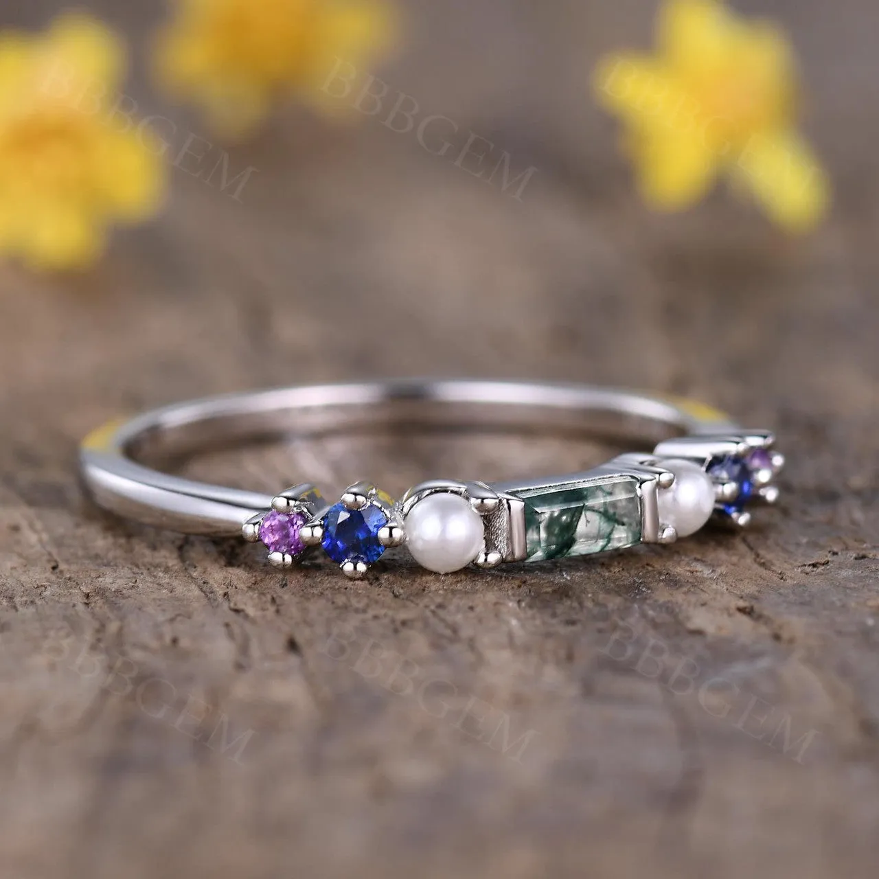 Rainbow Gemstone Family Ring Band Green Moss Agate and Pearl Multi-Color Birthstone Band