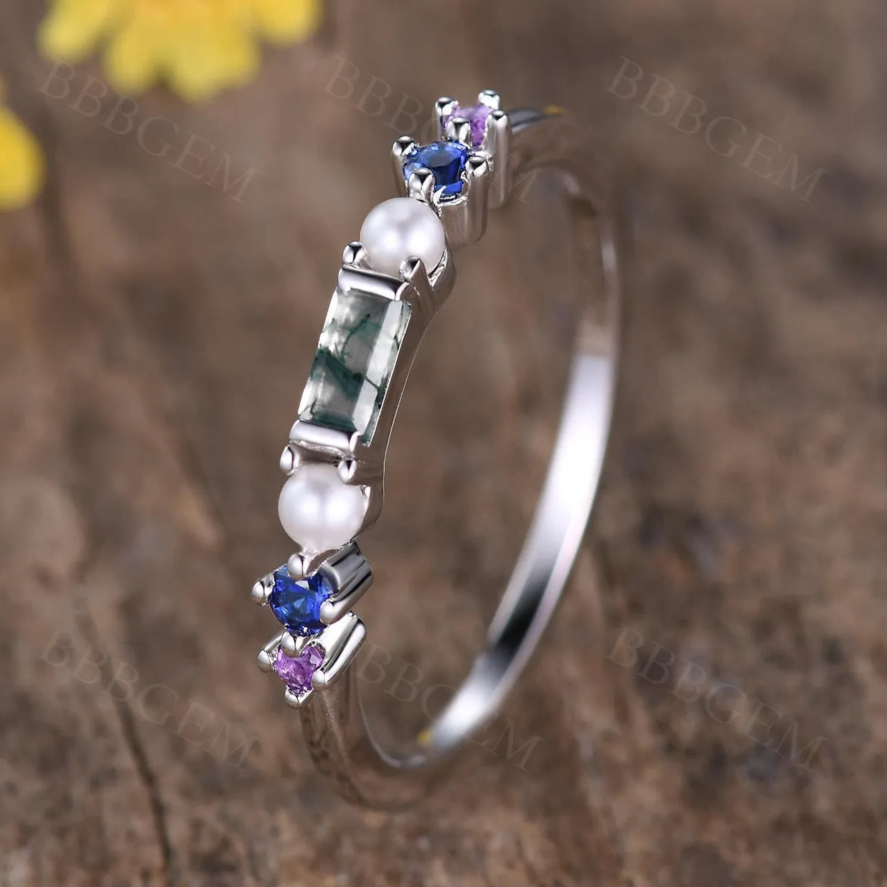 Rainbow Gemstone Family Ring Band Green Moss Agate and Pearl Multi-Color Birthstone Band