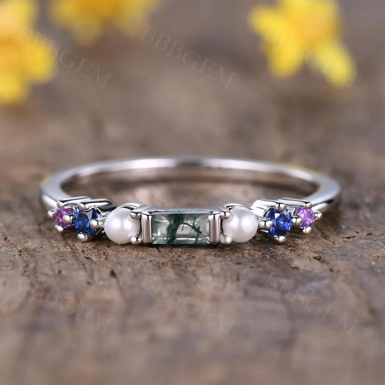 Rainbow Gemstone Family Ring Band Green Moss Agate and Pearl Multi-Color Birthstone Band