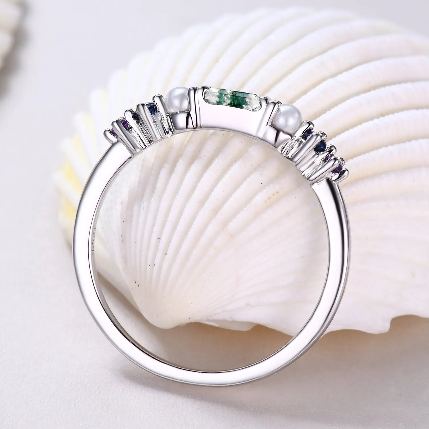 Rainbow Gemstone Family Ring Band Green Moss Agate and Pearl Multi-Color Birthstone Band