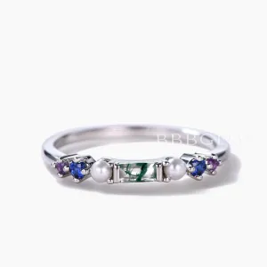 Rainbow Gemstone Family Ring Band Green Moss Agate and Pearl Multi-Color Birthstone Band