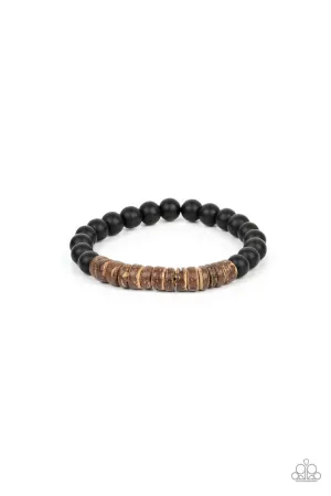 Recreational Remedy - Brown - Wooden Disc Black Stone Bead Paparazzi Stretchy Bracelet