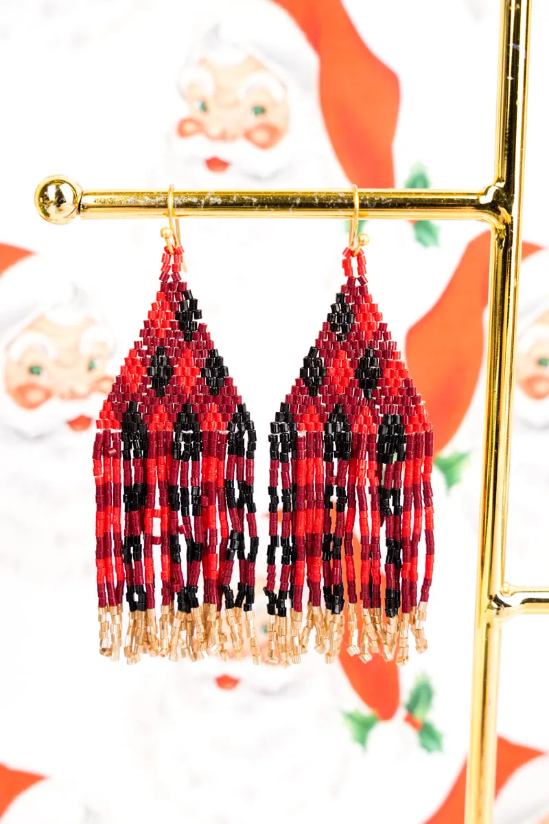 Red and White Holiday Plaid Seed Bead Fringe Earrings
