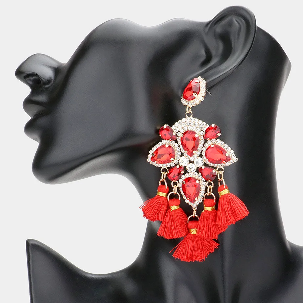 Red Crystal and Tassel Flower Fun Fashion Chandelier Earrings | 597000