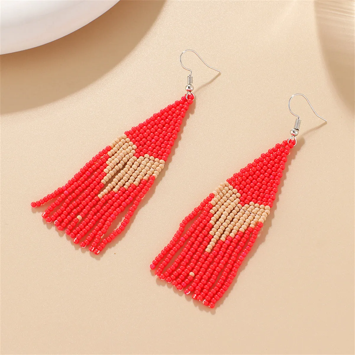 Red Howlite & Silver-Plated Heart Tassel Drop Earrings