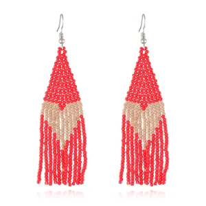 Red Howlite & Silver-Plated Heart Tassel Drop Earrings