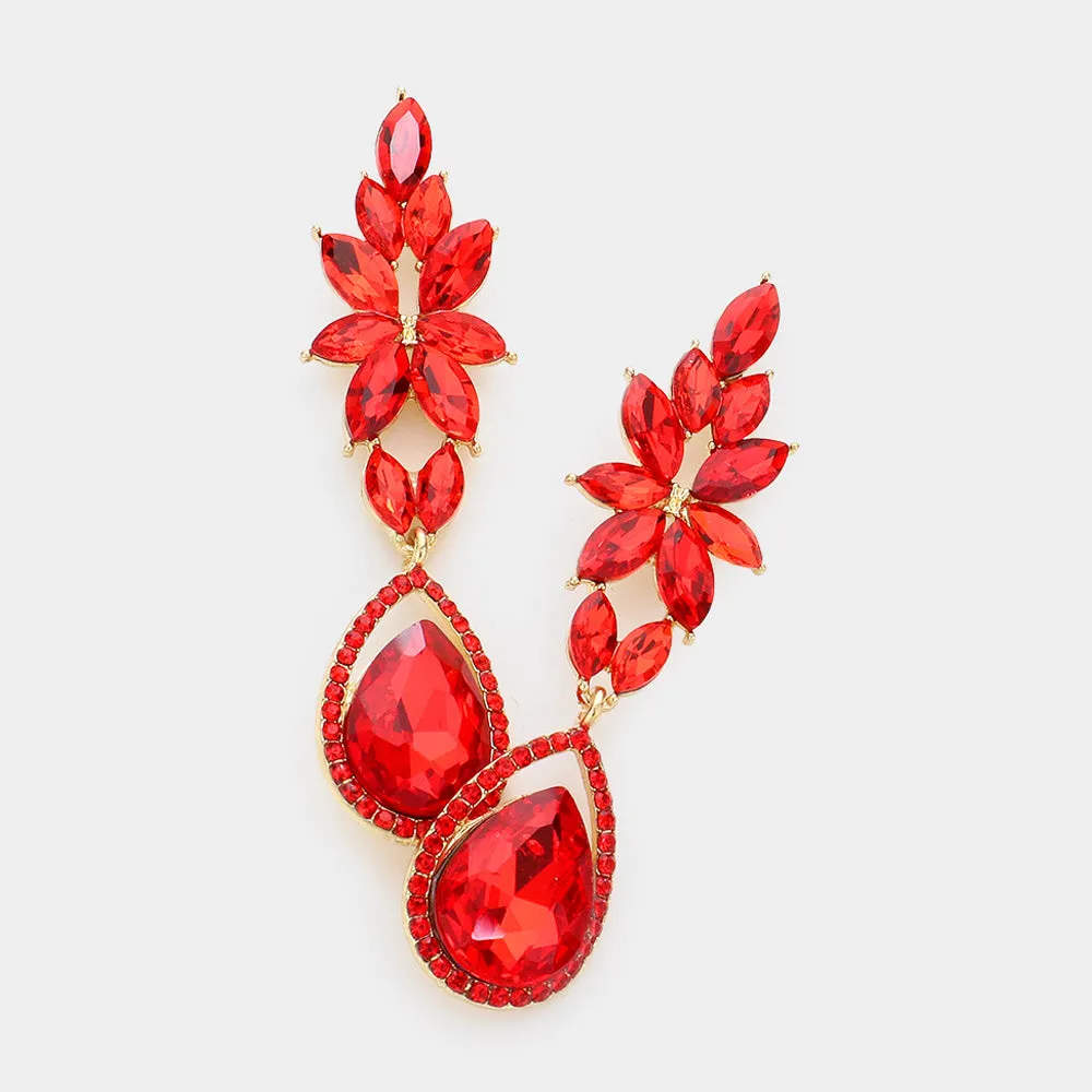 Red Marquise and Teardrop Stone Dangle Pageant Earrings | Red Drop Earrings |  610707