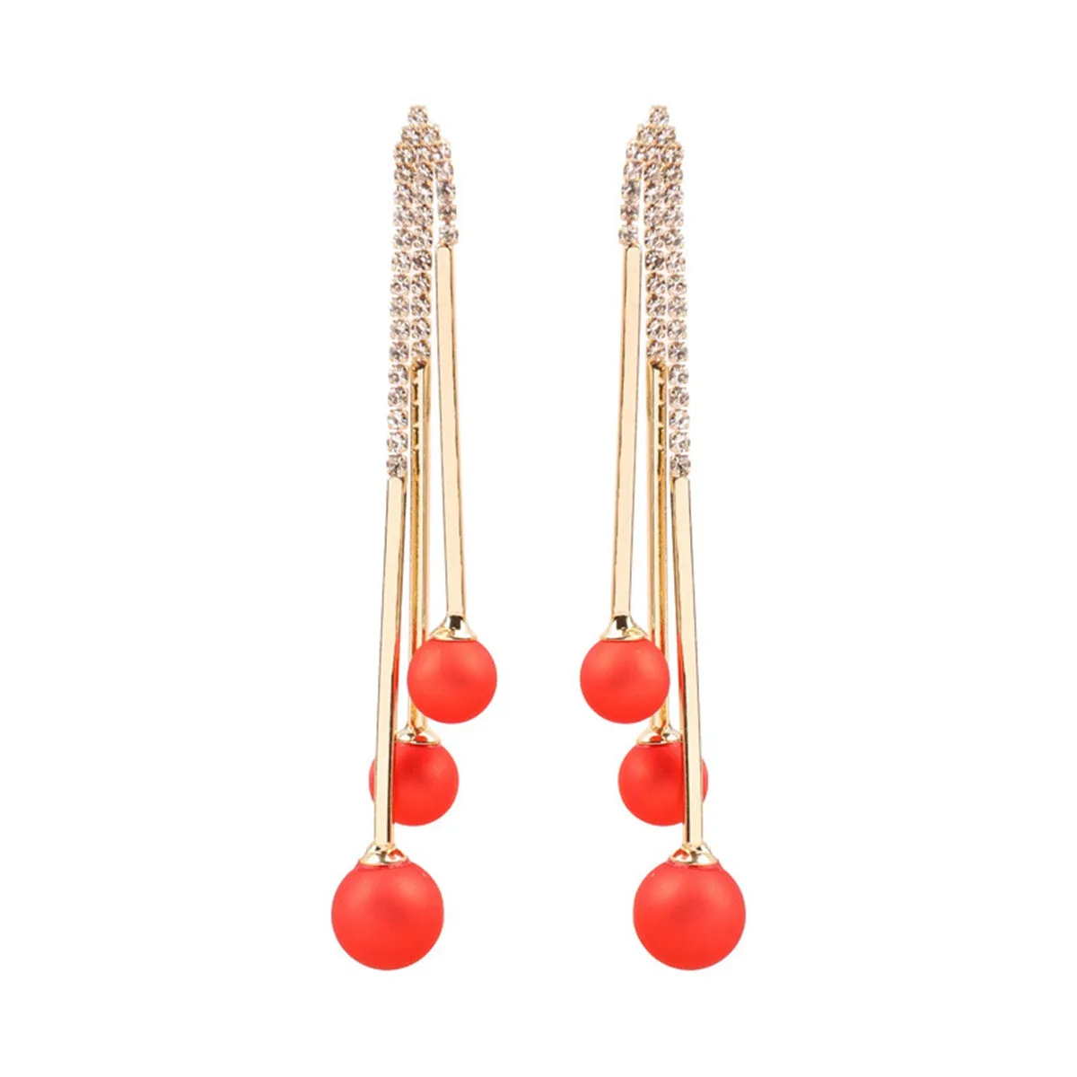 Red Resin & Cubic Zirconia Ball Tassel Drop Earrings