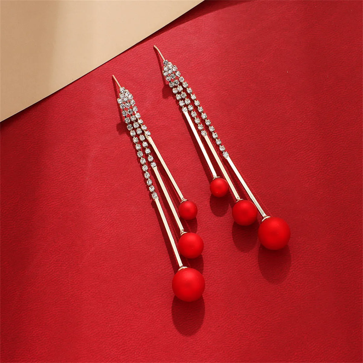 Red Resin & Cubic Zirconia Ball Tassel Drop Earrings