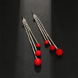 Red Resin & Cubic Zirconia Ball Tassel Drop Earrings