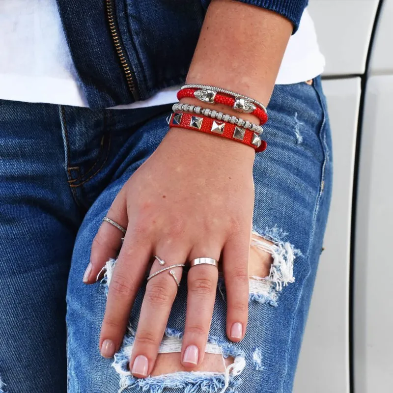 Red Stingray Leather with Silver Double Skull