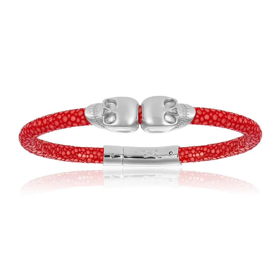 Red Stingray Leather with Silver Double Skull