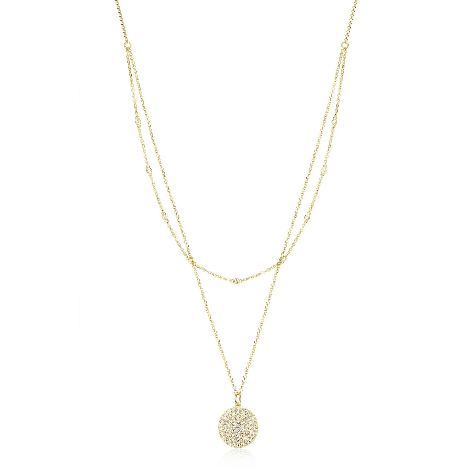 Reign Sterling Silver Gold Plated Double Layer CZ Pavé Disc Necklace