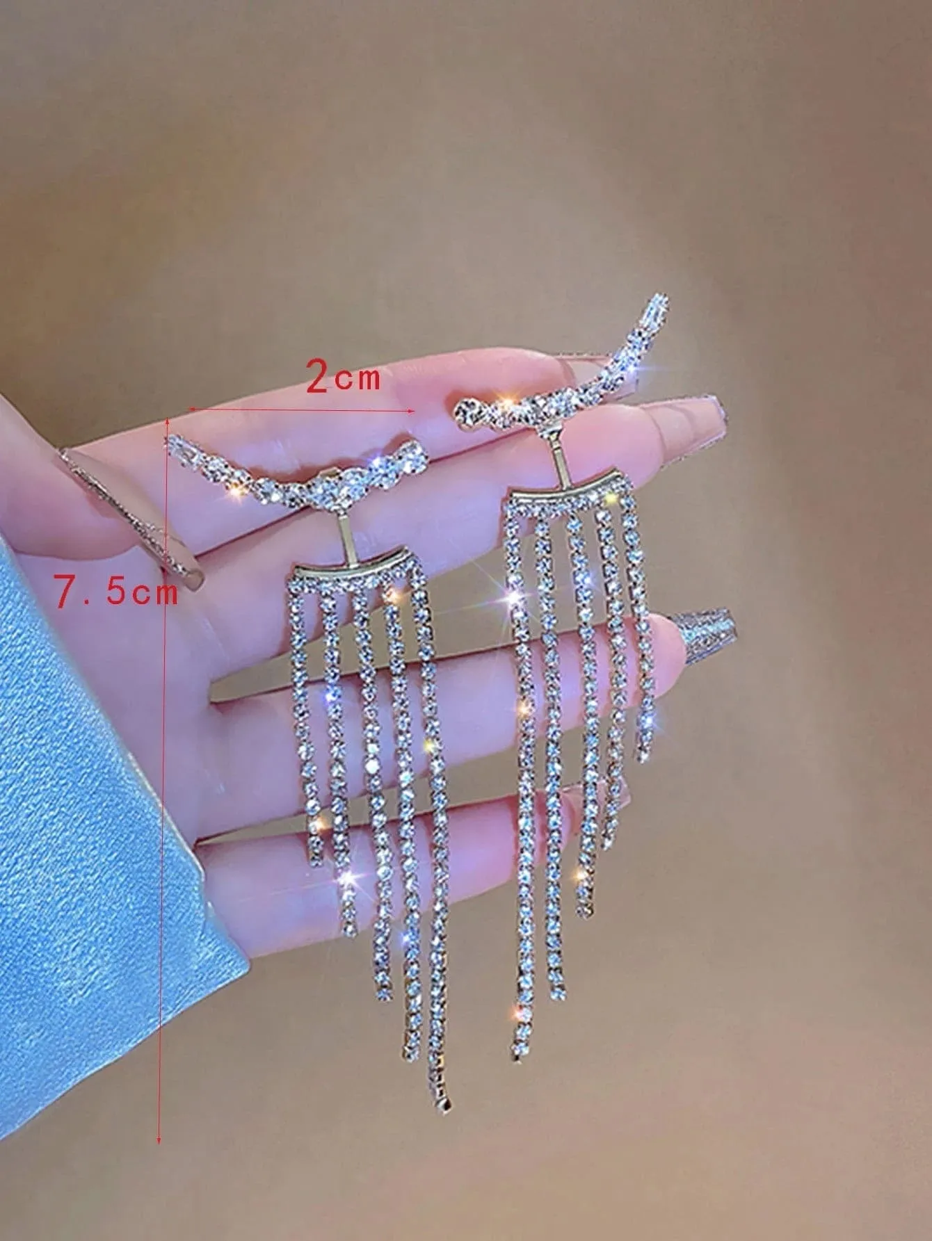 Rhinestone Tassel Drop Earrings - Silver